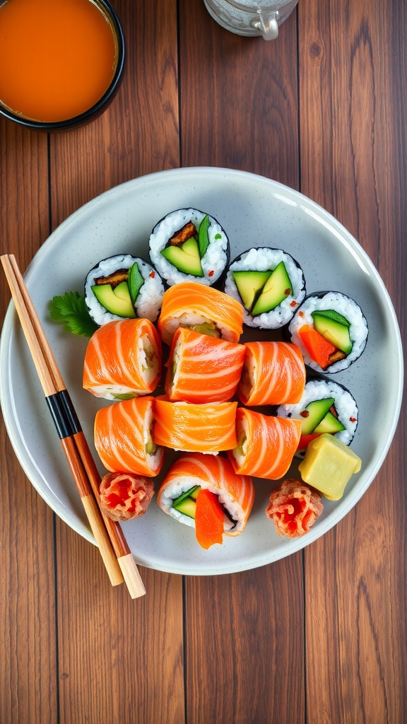 A plate of colorful homemade sushi rolls with fish, avocado, and vegetables, served with soy sauce, ginger, and wasabi.